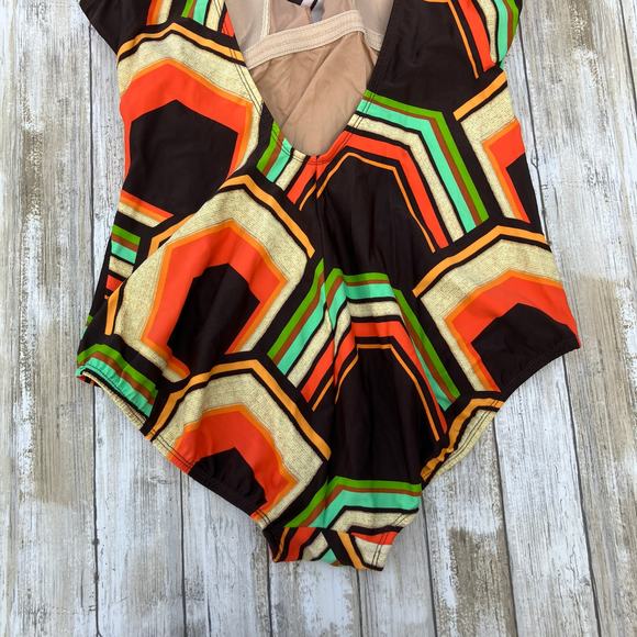 Tara Grinna Swimsuit Sz 14 One Piece Faux Wrap Brown Orange Retro Geometric - Picture 6 of 15